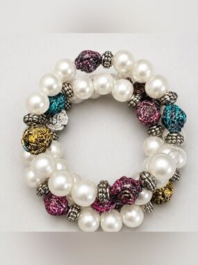 Multicolor Pearl-Style Beaded Metal Wire Wrap Bracelet